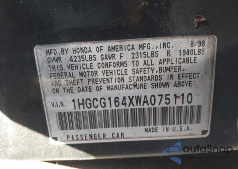 1998 Honda Accord Lx V6 from USA, damaged, VIN 1HGCG164XWA075110